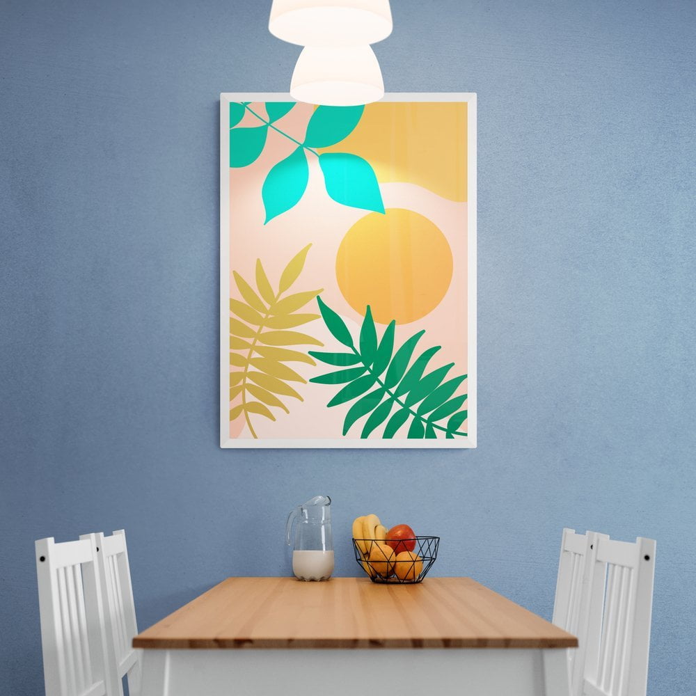 Tropical Sun and Leaves Print in white frame