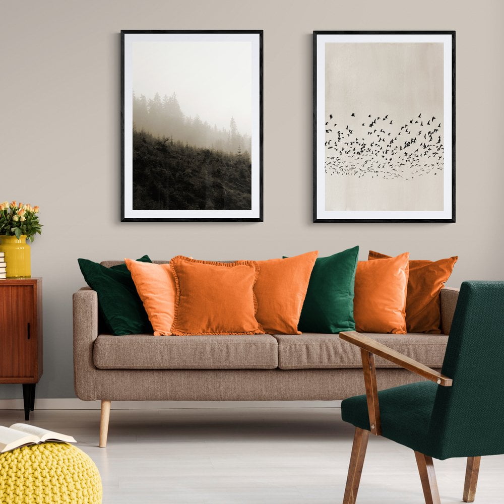 Neutral Mountains and Birds Print Set of 2 in black frames with mounts