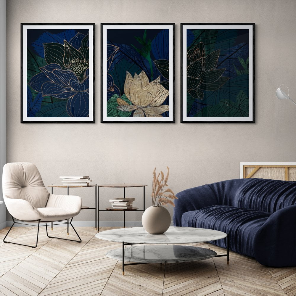Abstract Flowers Print Set of 3 in black frames with mounts