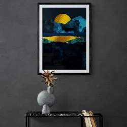Surrealist Golden Moon Print in black frame with mount