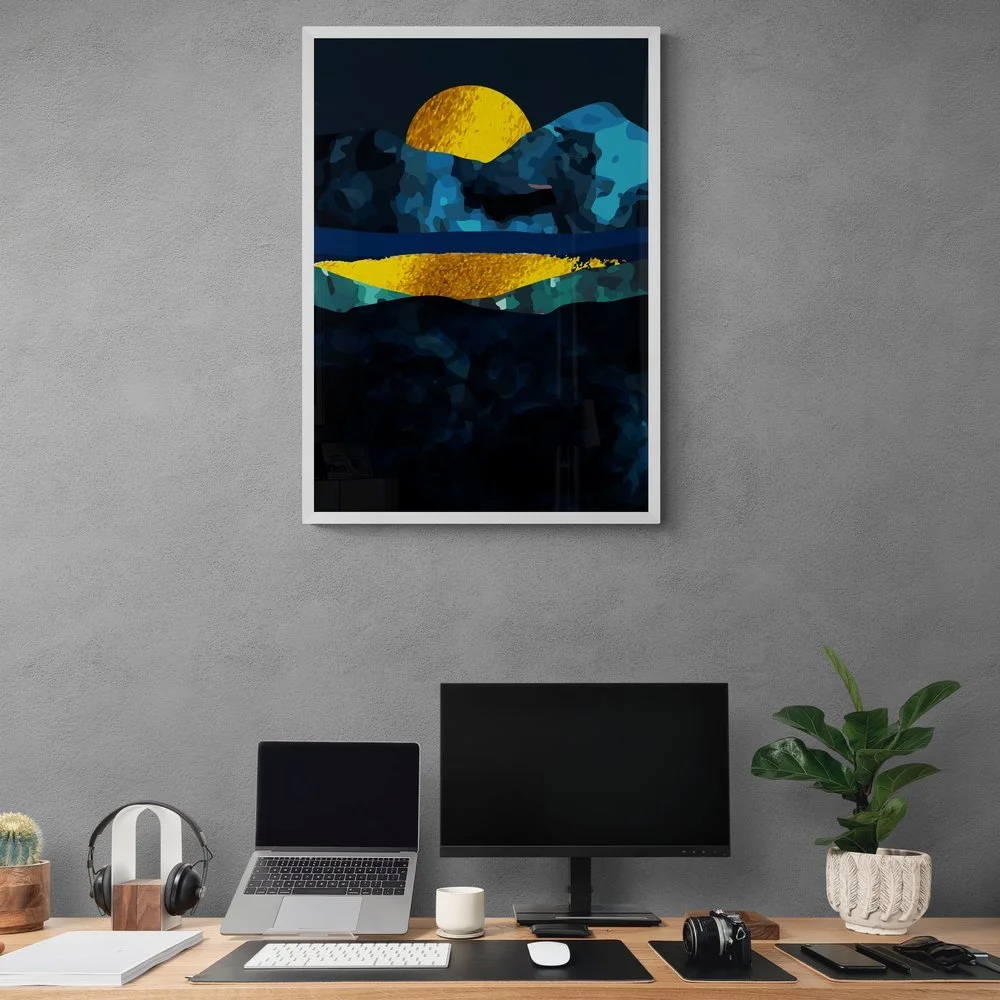 Surrealist Golden Moon Print in white frame