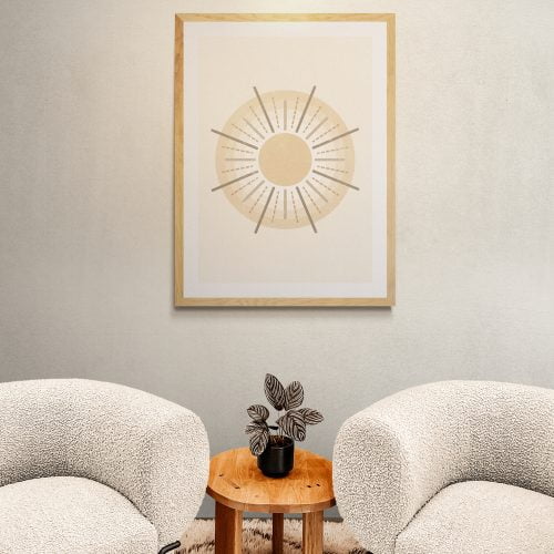 Neutral Geometric Sun Print in natural wood frame with mount