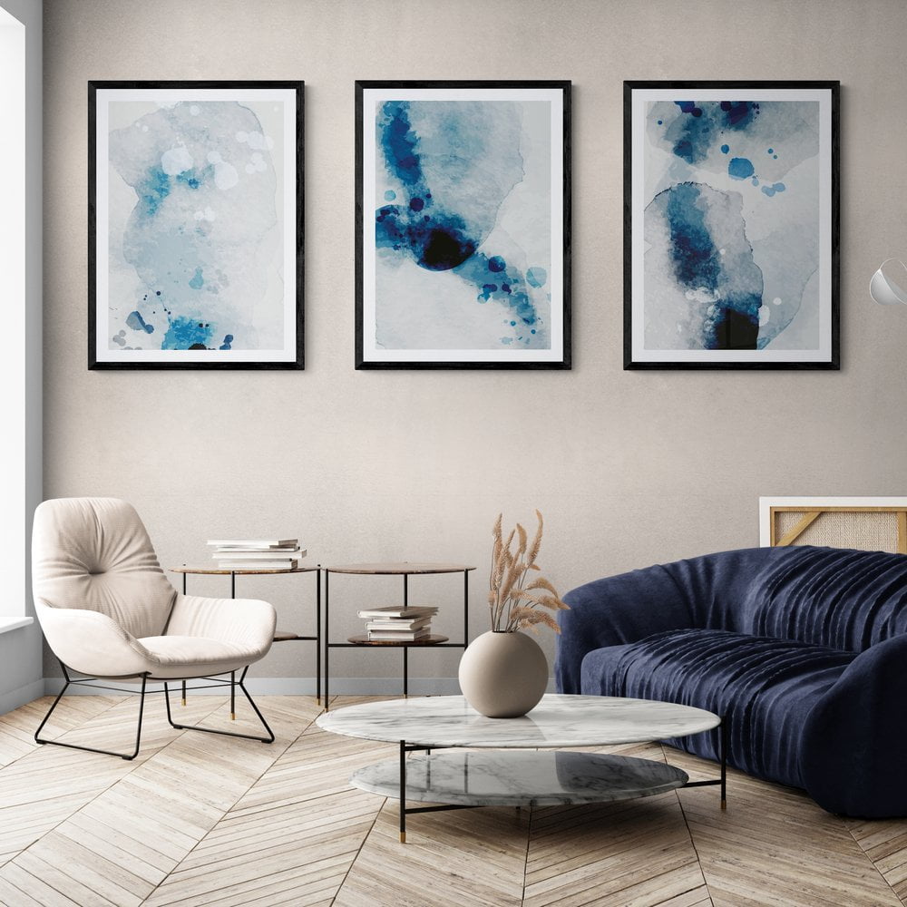 Blue Watercolour Print Set of 3 in black frames with mounts