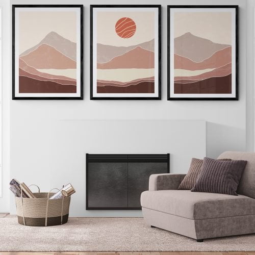 Boho Mountains Print Set of 3 in black frames with mounts