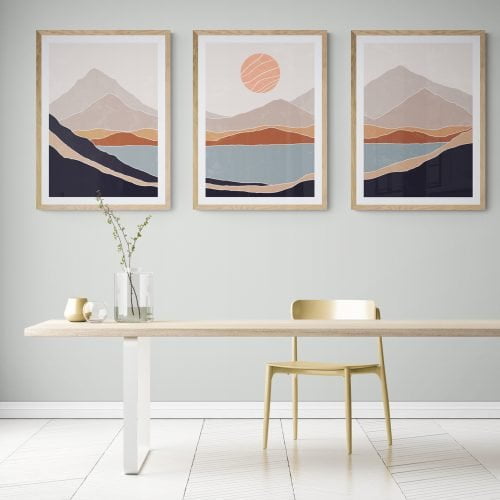 Boho Mountain Lake Print Set of 3 in natural wood frames with mounts