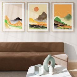 Abstract Mountain Tops Print Set of 3 in natural wood frames with mounts