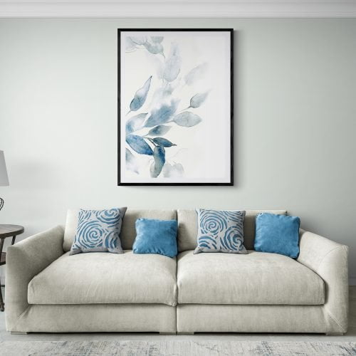 Blue Watercolour Leaves Art Print in a black frame with mount