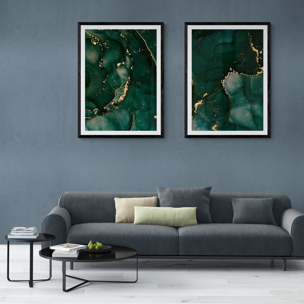Emerald Green and Gold Abstract Print Set of 2 in black frames with mounts