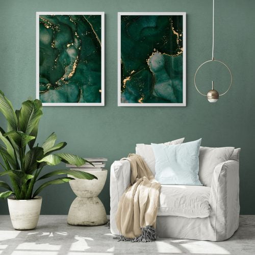 Emerald Green and Gold Abstract Print Set of 2 in white frames