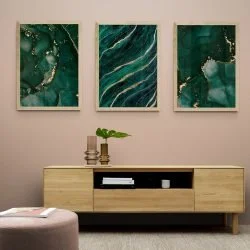 Emerald and Gold Abstract Print Set of 3 in natural wood frames