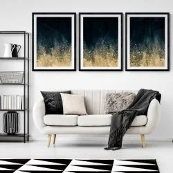 Blue and Gold Splash Print Set of 3 in black frames with mounts