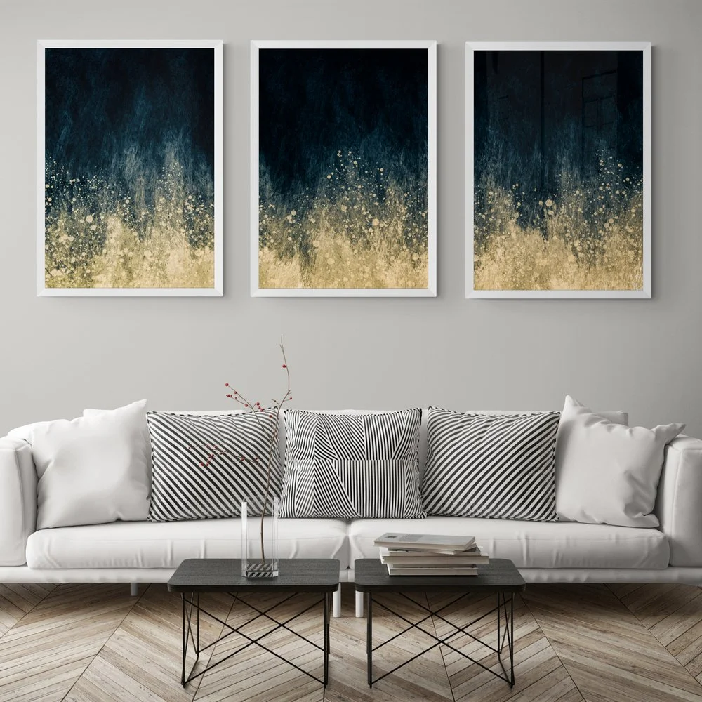 Blue and Gold Splash Print Set of 3 in white frames