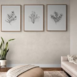 Grey Floral Line Art Print Set of 3 in natural wood frames with mounts