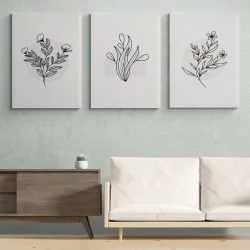 Grey Floral Line Art Print Set of 3 in white frames