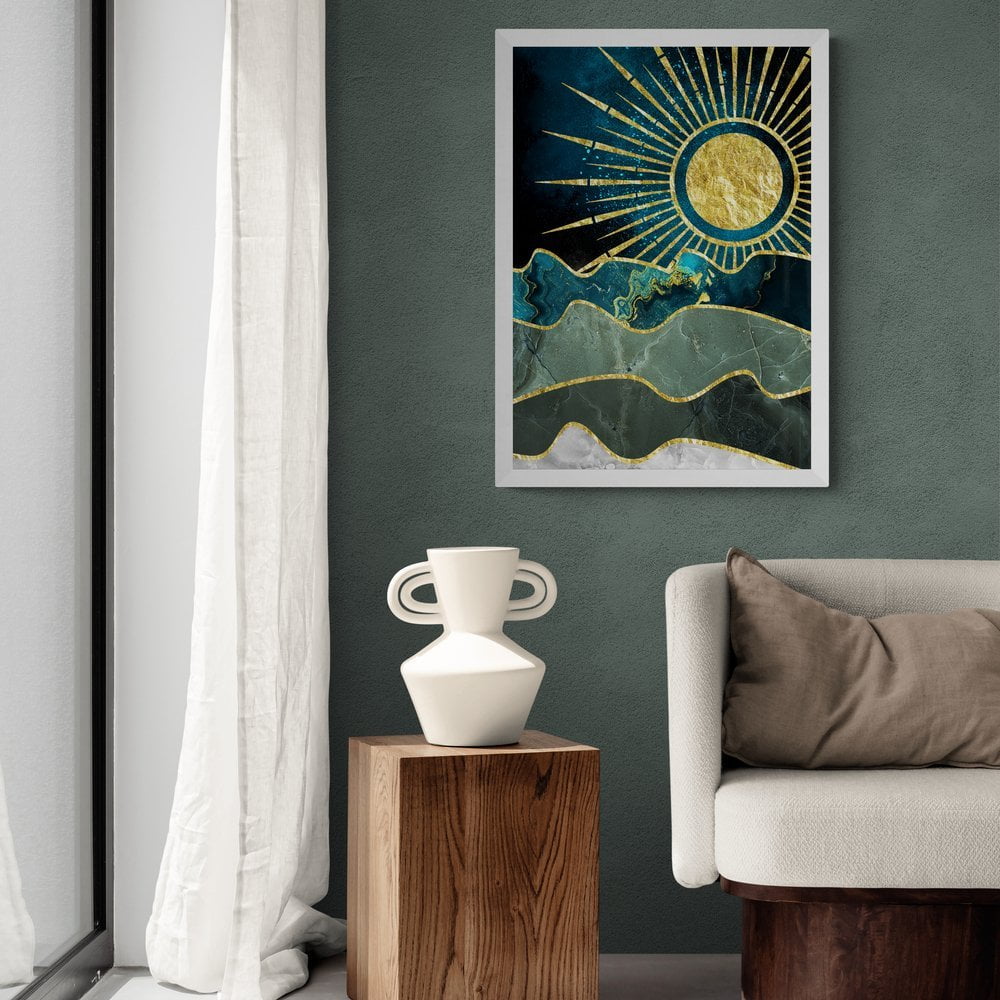 Gold Sun and Waves Print in a white frame