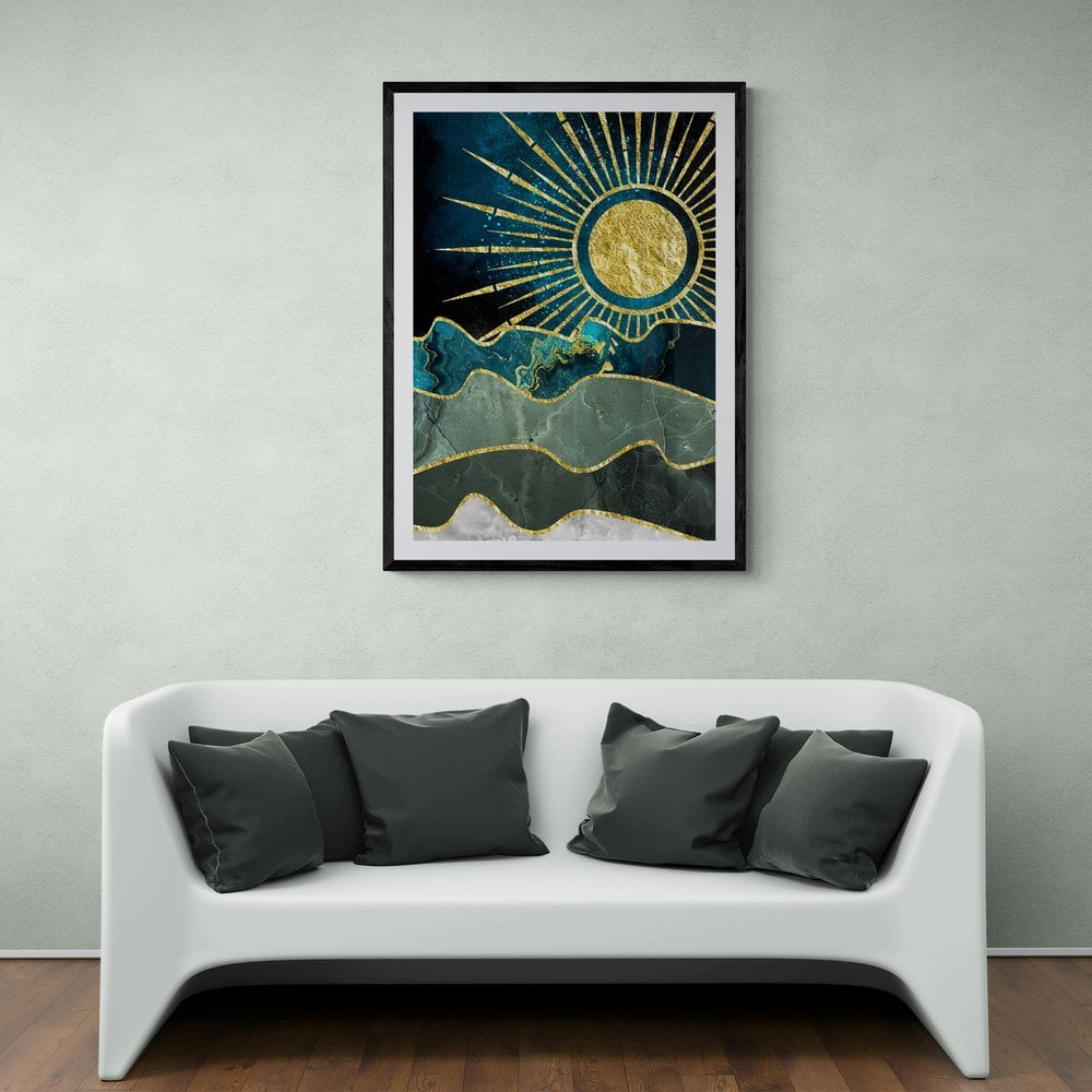 Gold Sun and Waves Print in a black frame with mount