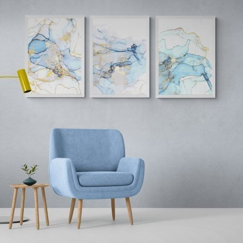 Blue and Gold Marble Print Set of 3 in white frames