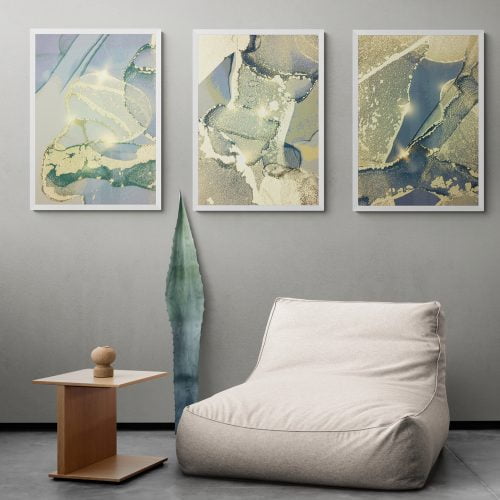 Abstract Grey and Gold Print Set of 3 in white frames