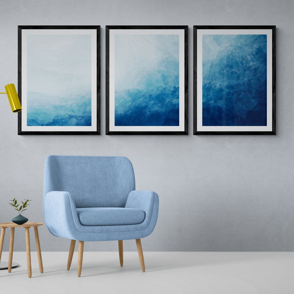 Watercolour Wave Print Set of 3 in black frames with mounts