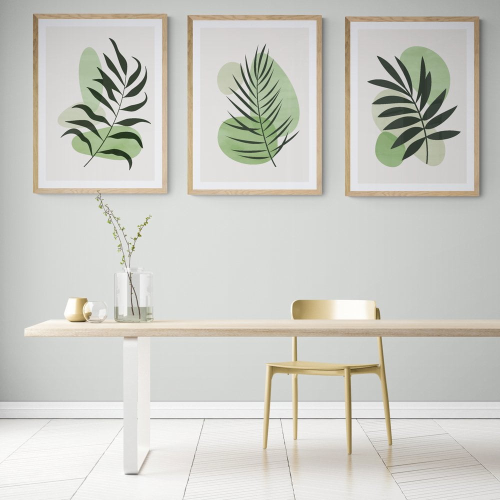 Minimalist Leaves Print Set of 3 in natural wood frames with mounts