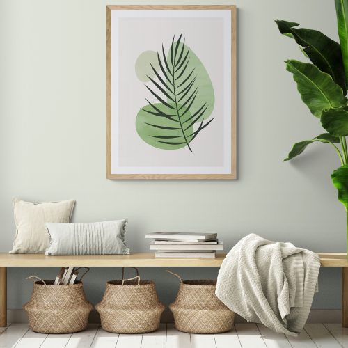 Minimalist Palm Leaf Art Print in natural wood frame with mount