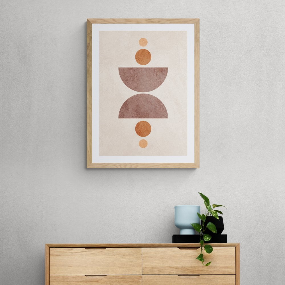 Neutral Symmetrical Circles Print in natural wood frame with mount
