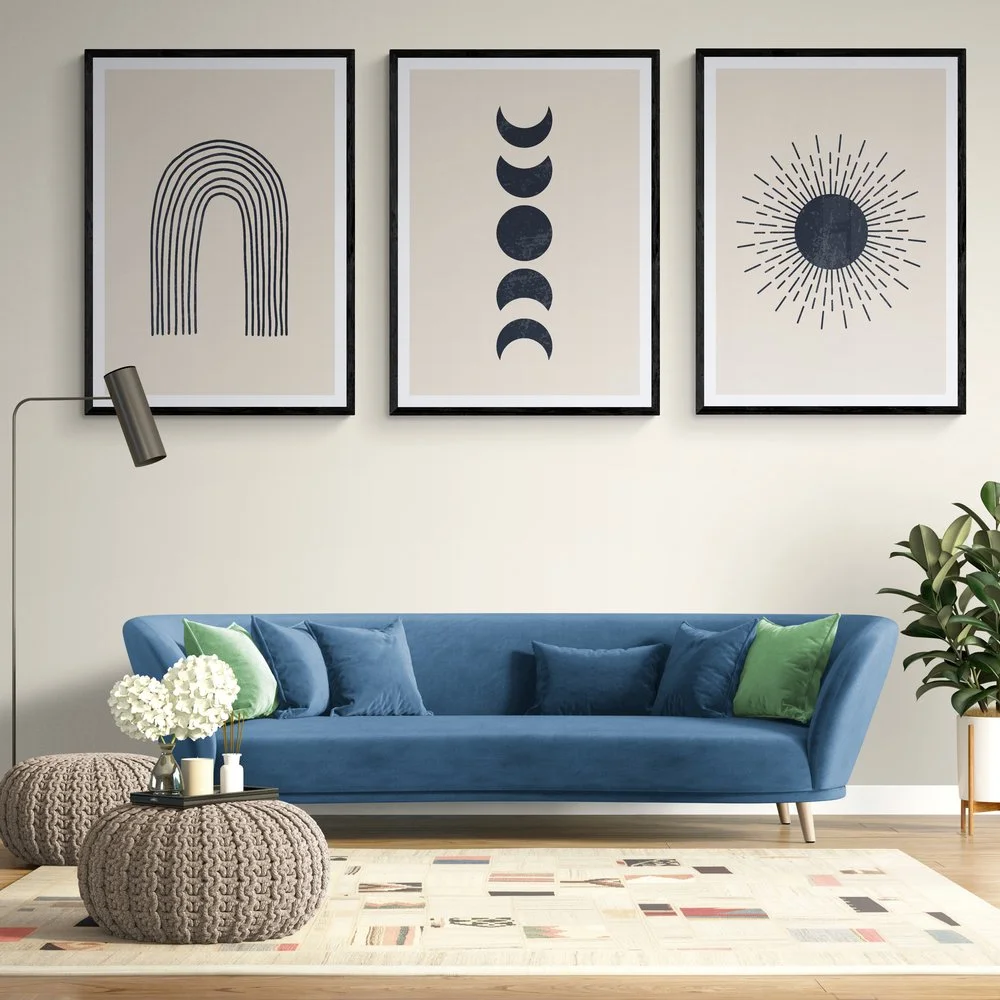 Abstract Sun and Moon Print Set of 3 in black frames with mounts