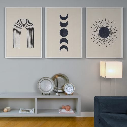 Abstract Sun and Moon Print Set of 3 in white frames