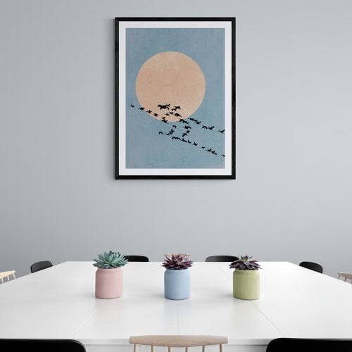 Moonlight Birds Art Print in black frame with mount