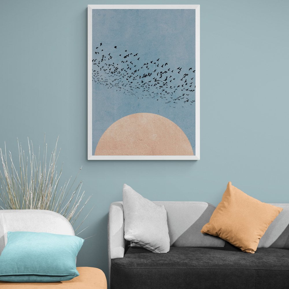 Nordic Moon and Birds Print in white frame