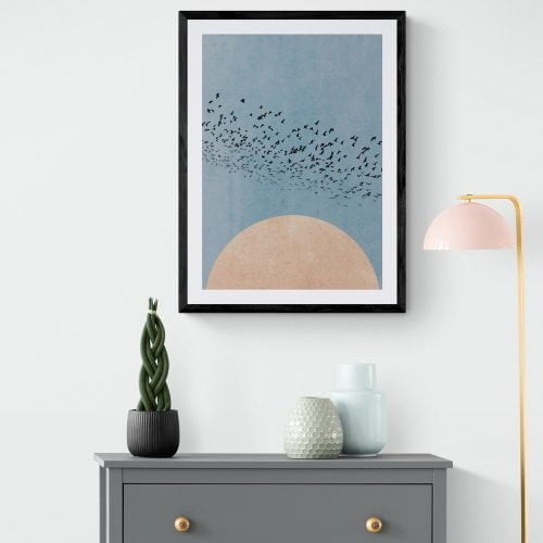Nordic Moon and Birds Print in black frame with mount