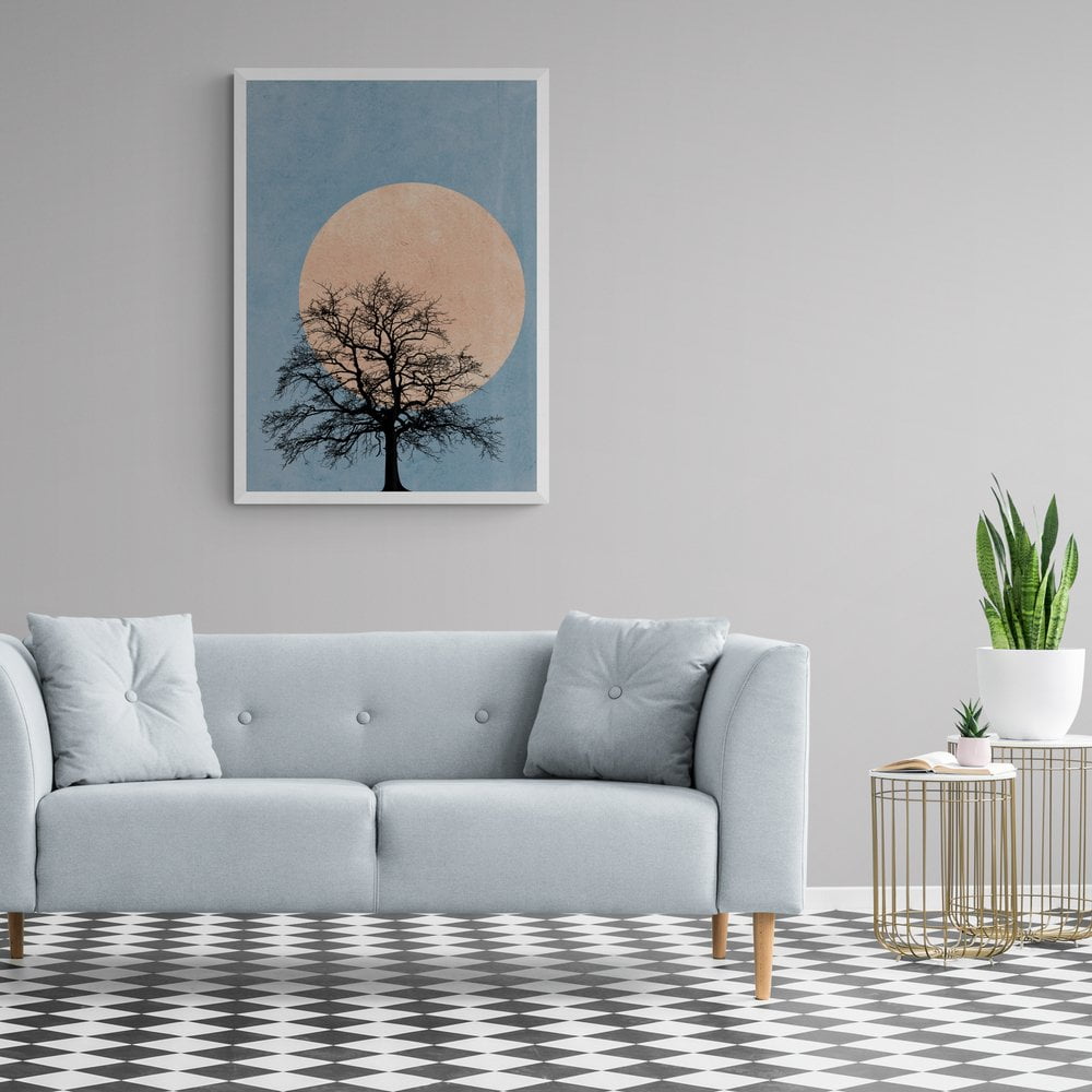 Tree Silhouette Moon Print in white frame