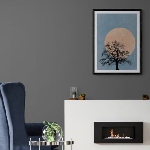 Tree Silhouette Moon Print in black frame with mount