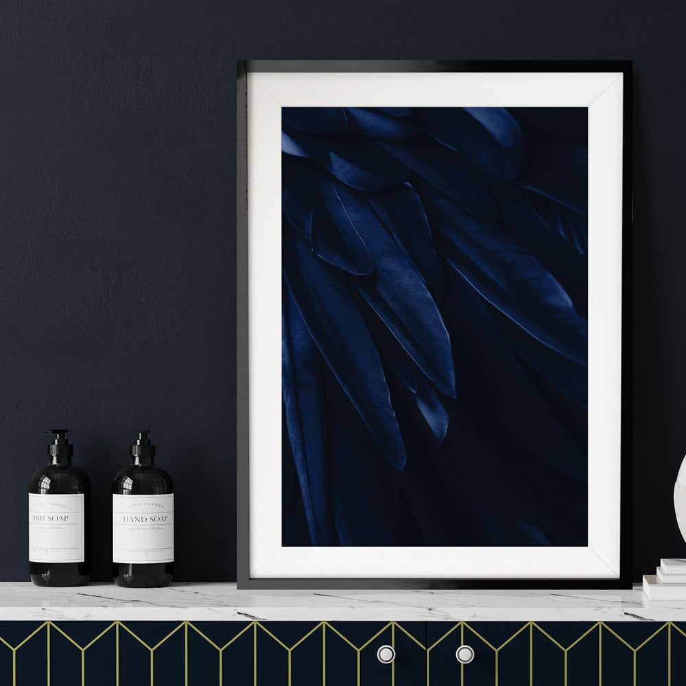 Midnight Blue Feathers Print in a black frame with mount