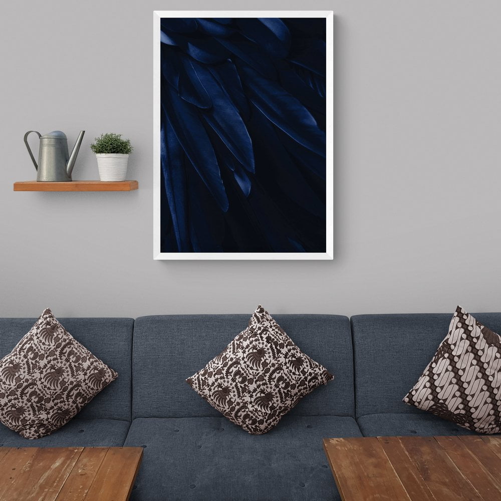 Midnight Blue Feathers Print in a white frame
