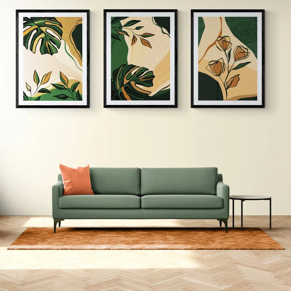 Abstract Boho Leaves Print Set of 3 in black frames with mounts
