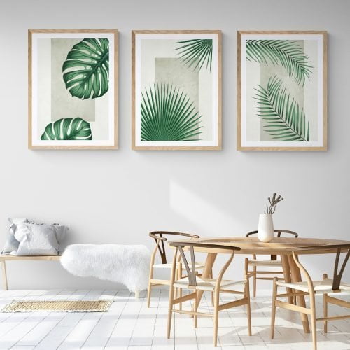 Minimalist Tropical Leaves Print Set of 3 in natural wood frames with mounts