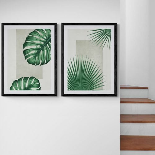 House Plant Leaves Print Set of 2 in black frames with mounts