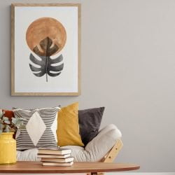 Sun and Monstera Leaf Print in natural wood frame with mount