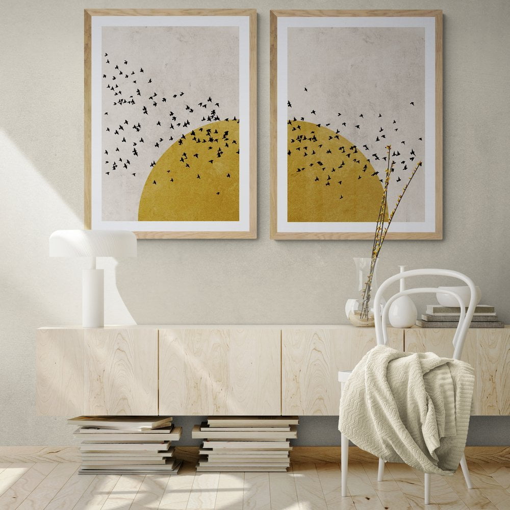 Birds at Sunrise Print Set of 2 in natural wood frames with mounts