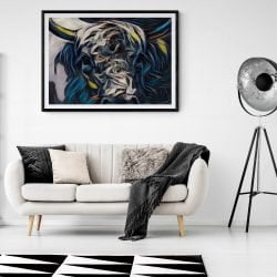 Abstract Highland Cow Painting Print in black frame with mount